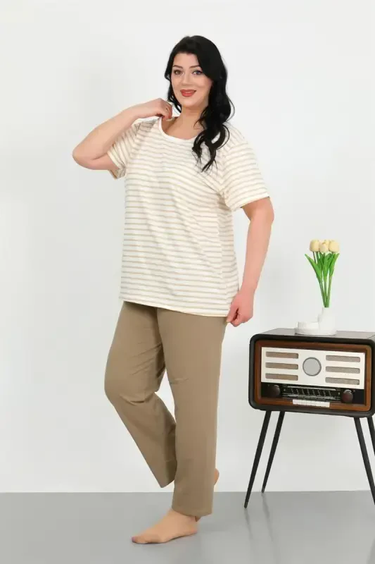 Akbeniz Women's Plus Size Short Sleeve Jersey Pajama Set, Milky Coffee, 202505 - 1