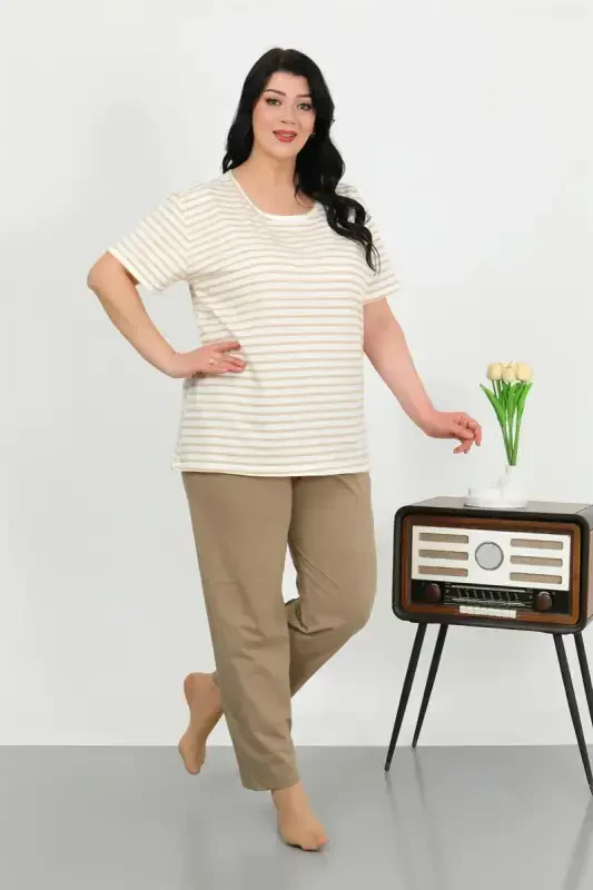Akbeniz Women's Plus Size Short Sleeve Jersey Pajama Set, Milky Coffee, 202505 - 2
