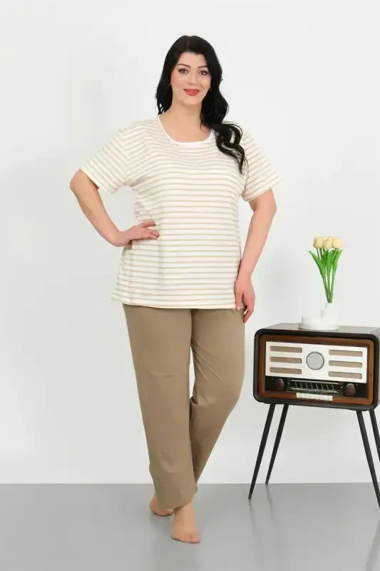 Akbeniz Women's Plus Size Short Sleeve Jersey Pajama Set, Milky Coffee, 202505 - 3