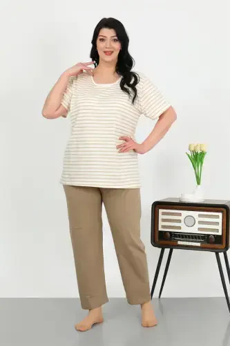 Akbeniz Women's Plus Size Short Sleeve Jersey Pajama Set, Milky Coffee, 202505 - 4