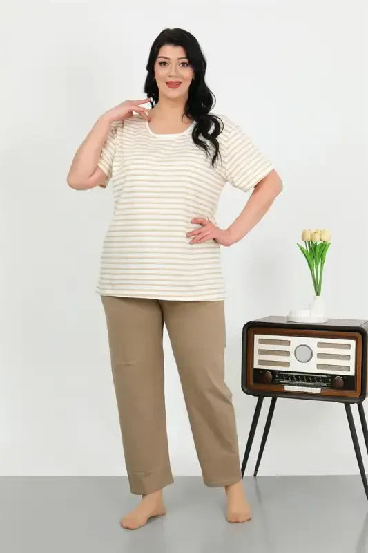 Akbeniz Women's Plus Size Short Sleeve Jersey Pajama Set, Milky Coffee, 202505 - 4