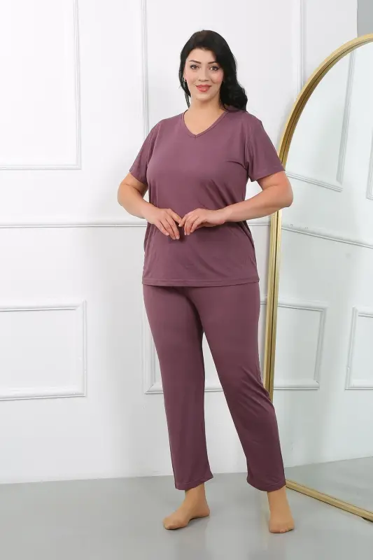 Akbeniz Women's Plus Size Short Sleeve Knit Pajama Set Burgundy 202405 - AKBENIZ