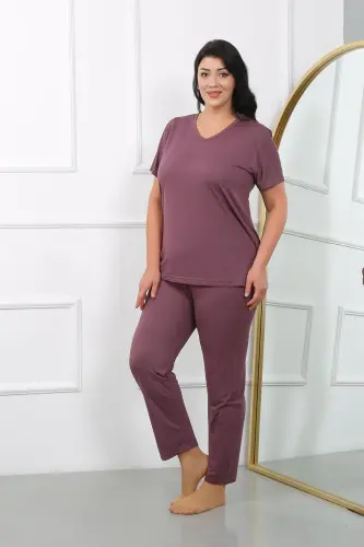 Akbeniz Women's Plus Size Short Sleeve Knit Pajama Set Burgundy 202405 - 3