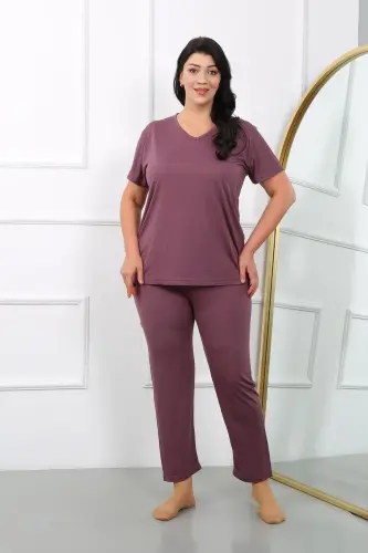 Akbeniz Women's Plus Size Short Sleeve Knit Pajama Set Burgundy 202405 - 5