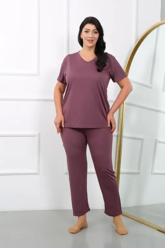 Akbeniz Women's Plus Size Short Sleeve Knit Pajama Set Burgundy 202405 - 5