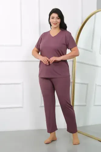 Akbeniz Women's Plus Size Short Sleeve Knit Pajama Set Burgundy 202405 