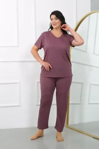 Akbeniz Women's Plus Size Short Sleeve Knit Pajama Set Burgundy 202405 - 2