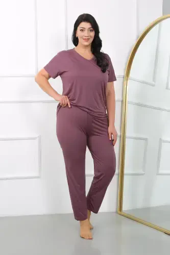 Akbeniz Women's Plus Size Short Sleeve Knit Pajama Set Burgundy 202405 - 4