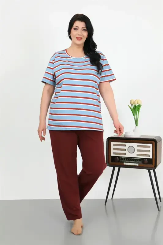 Akbeniz Women's Plus Size Short Sleeve Knitted Pajama Set Blue 202505 - 1