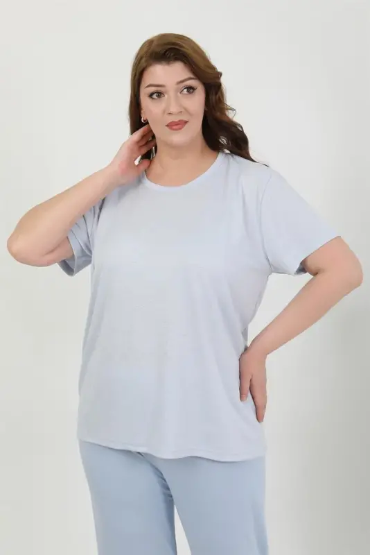 Akbeniz Women's Plus Size Short Sleeve Knitted Pajama Set Blue 202510 - 2