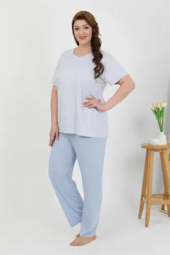 Akbeniz Women's Plus Size Short Sleeve Knitted Pajama Set Blue 202510 - 3