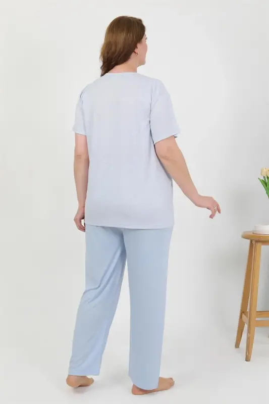 Akbeniz Women's Plus Size Short Sleeve Knitted Pajama Set Blue 202510 - 5