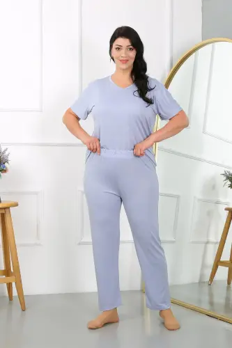 Akbeniz Women's Plus Size Short Sleeve Knitted Pajama Set Lilac 202405 - 4