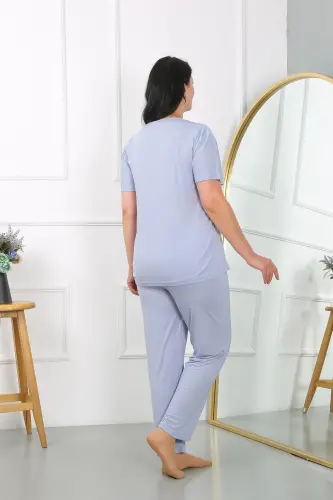 Akbeniz Women's Plus Size Short Sleeve Knitted Pajama Set Lilac 202405 - 6