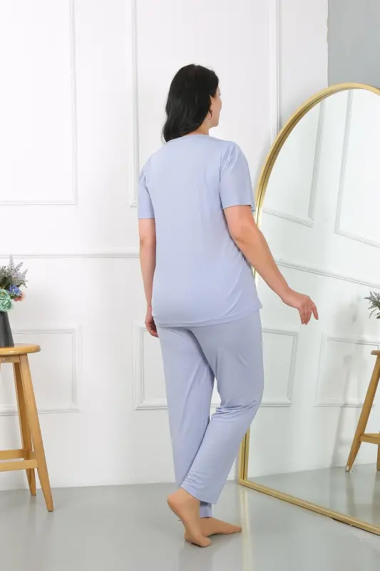 Akbeniz Women's Plus Size Short Sleeve Knitted Pajama Set Lilac 202405 - 6