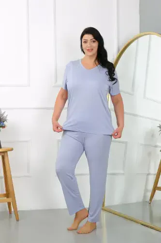 Akbeniz Women's Plus Size Short Sleeve Knitted Pajama Set Lilac 202405 - 2