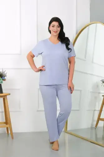 Akbeniz Women's Plus Size Short Sleeve Knitted Pajama Set Lilac 202405 - 3
