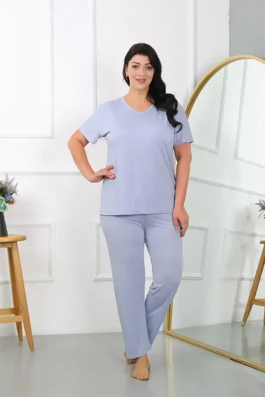 Akbeniz Women's Plus Size Short Sleeve Knitted Pajama Set Lilac 202405 - 3