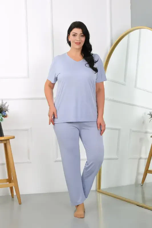 Akbeniz Women's Plus Size Short Sleeve Knitted Pajama Set Lilac 202405 - 5