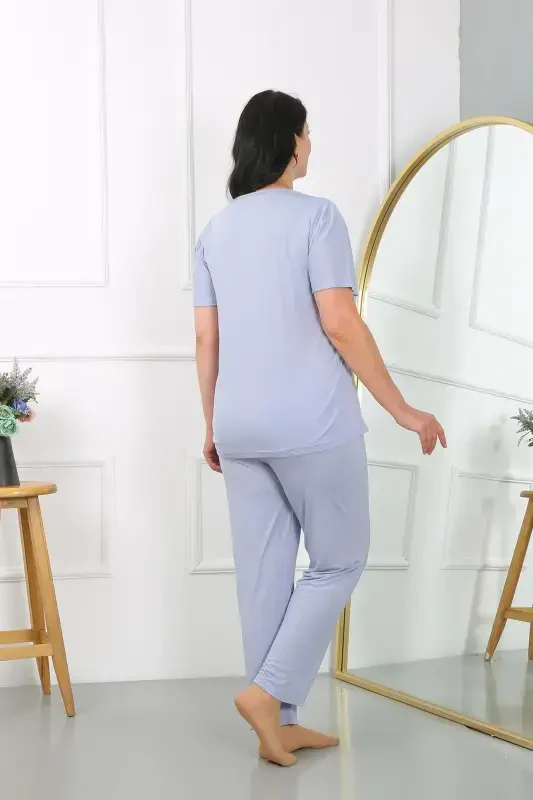 Akbeniz Women's Plus Size Short Sleeve Knitted Pajama Set Lilac 202405 - 6