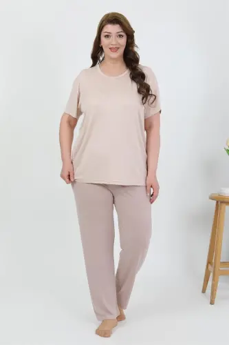 Akbeniz Women's Plus Size Short Sleeve Knitted Pajama Set Milky Coffee 202510 - 3