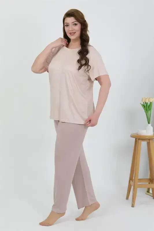 Akbeniz Women's Plus Size Short Sleeve Knitted Pajama Set Milky Coffee 202510 - 4