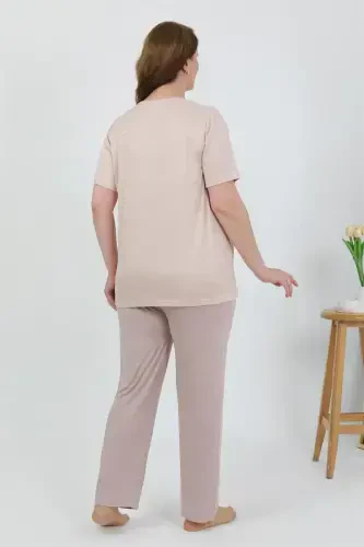 Akbeniz Women's Plus Size Short Sleeve Knitted Pajama Set Milky Coffee 202510 - 5