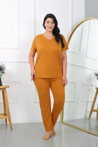 Akbeniz Women's Plus Size Short Sleeve Knitted Pajama Set Mustard 202405 - AKBENIZ (1)