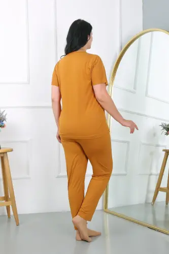 Akbeniz Women's Plus Size Short Sleeve Knitted Pajama Set Mustard 202405 - 6