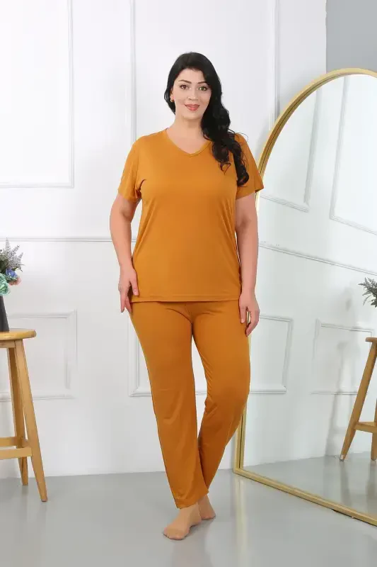 Akbeniz Women's Plus Size Short Sleeve Knitted Pajama Set Mustard 202405 - 2