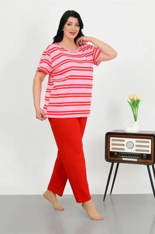 Akbeniz Women's Plus Size Short Sleeve Knitted Pajama Set Red 202505 - 2