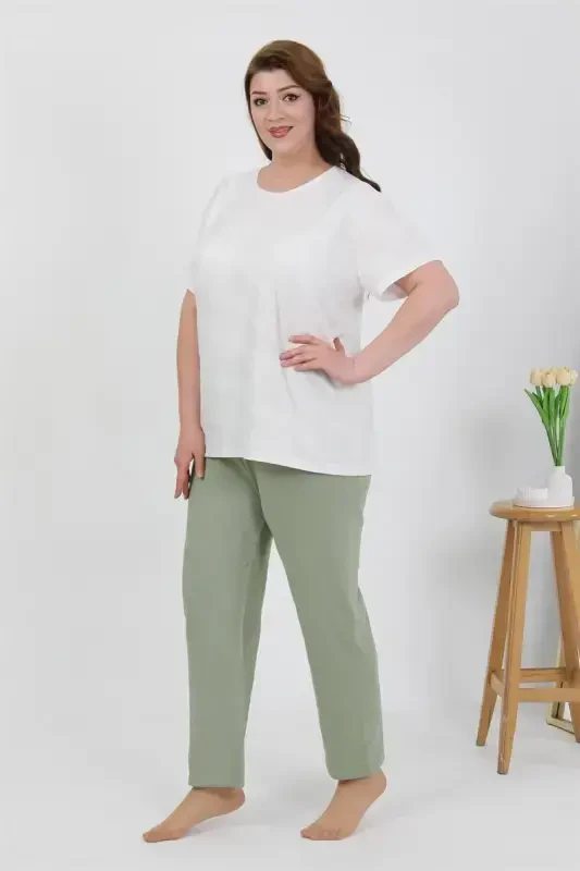 Akbeniz Women's Plus Size Short Sleeve Knitted Pajama Set White 202510 - 4