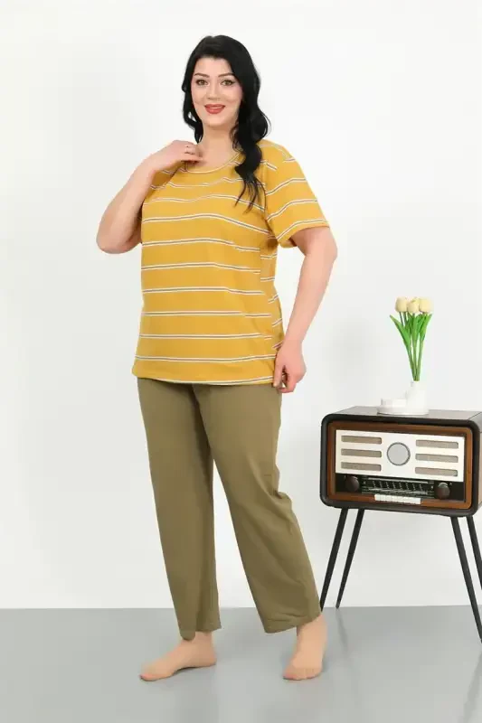 Akbeniz Women's Plus Size Short Sleeve Knitted Pajama Set Yellow 202505 - 3