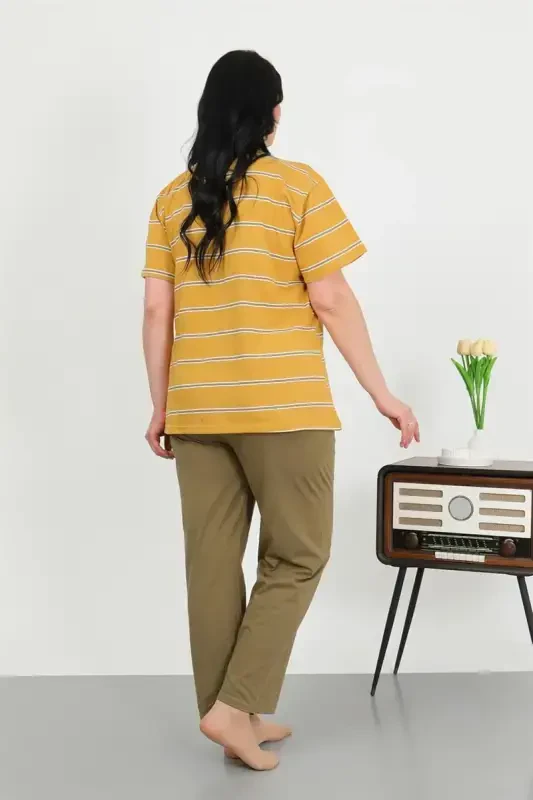Akbeniz Women's Plus Size Short Sleeve Knitted Pajama Set Yellow 202505 - 4