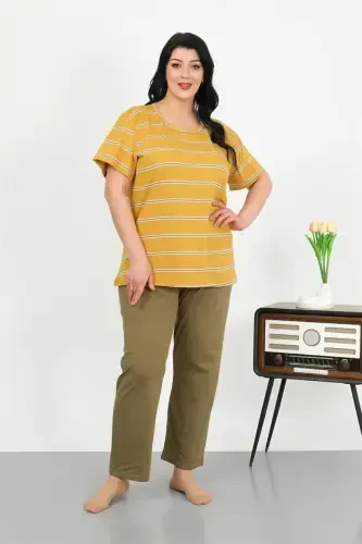 Akbeniz Women's Plus Size Short Sleeve Knitted Pajama Set Yellow 202505 - 5