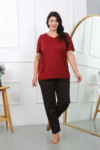 Akbeniz Women's Plus Size Short Sleeve Knitted Pajamas Set Burgundy 202406 