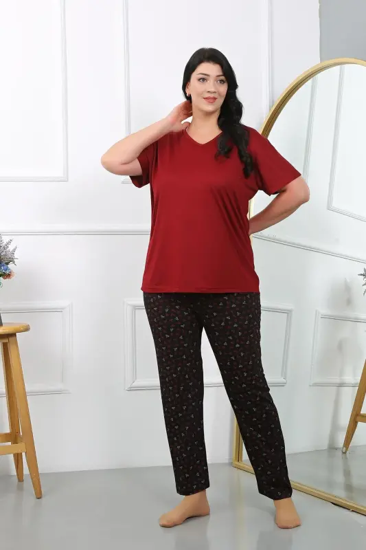 Akbeniz Women's Plus Size Short Sleeve Knitted Pajamas Set Burgundy 202406 - 2