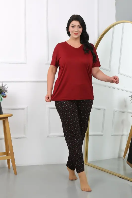 Akbeniz Women's Plus Size Short Sleeve Knitted Pajamas Set Burgundy 202406 - 3