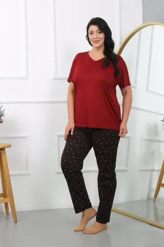 Akbeniz Women's Plus Size Short Sleeve Knitted Pajamas Set Burgundy 202406 - 4