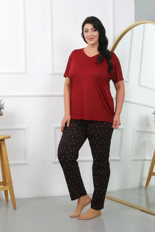 Akbeniz Women's Plus Size Short Sleeve Knitted Pajamas Set Burgundy 202406 - 4