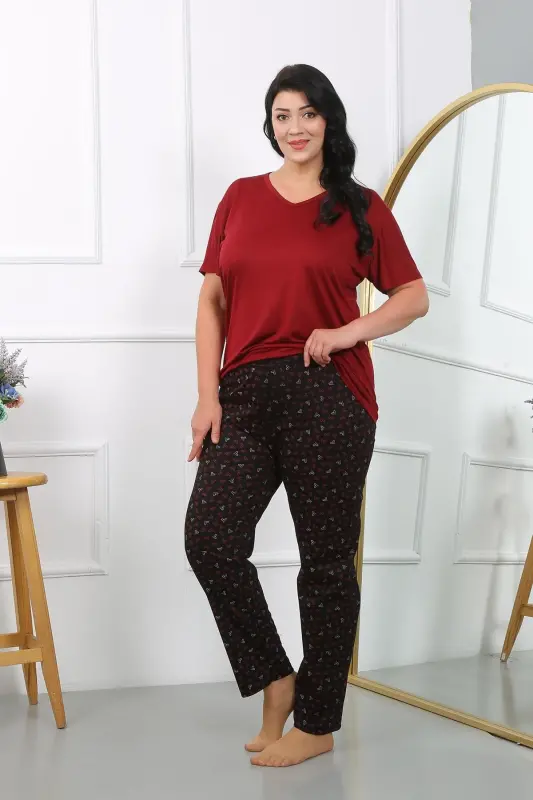 Akbeniz Women's Plus Size Short Sleeve Knitted Pajamas Set Burgundy 202406 - 6