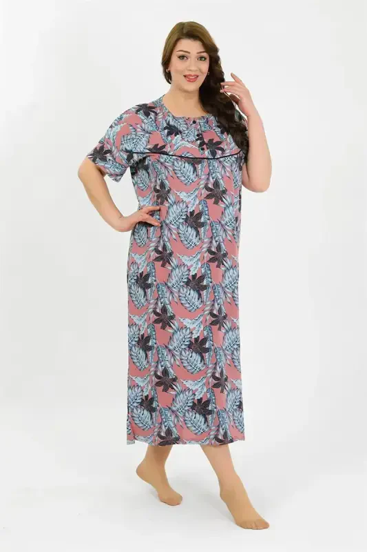 Akbeniz Women's Plus Size Short Sleeve Salmon Mom Nightgown 1377 - 1