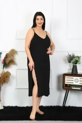 Akbeniz Women's Plus Size Spaghetti Strap Cotton Black Long Nightgown 12100 