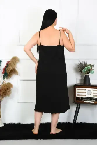 Akbeniz Women's Plus Size Spaghetti Strap Cotton Black Long Nightgown 12100 - 3