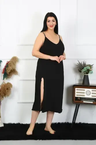 Akbeniz Women's Plus Size Spaghetti Strap Cotton Black Long Nightgown 12100 - 4