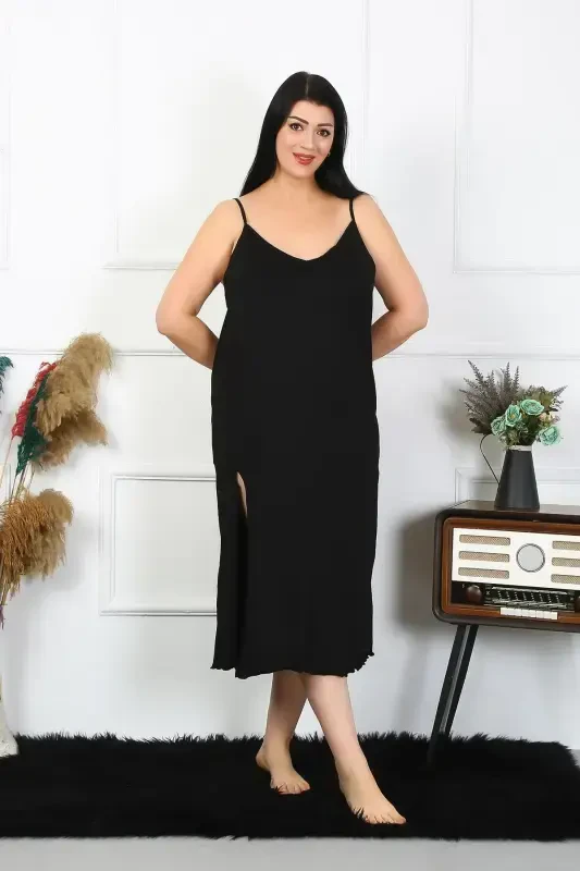 Akbeniz Women's Plus Size Spaghetti Strap Cotton Black Long Nightgown 12100 - 5