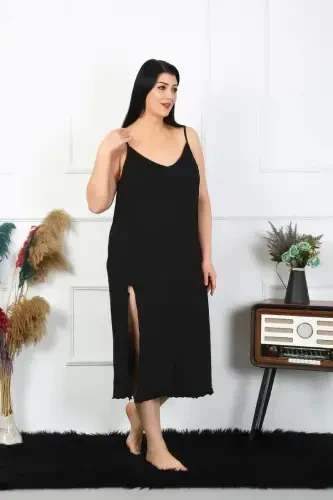 Akbeniz Women's Plus Size Spaghetti Strap Cotton Black Long Nightgown 12100 - BÜYÜKBEDENIZ (1)