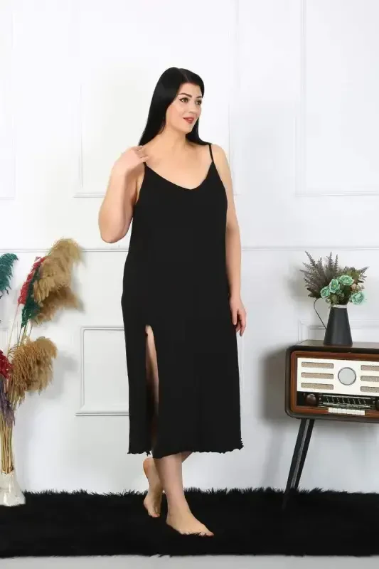 Akbeniz Women's Plus Size Spaghetti Strap Cotton Black Long Nightgown 12100 - 2