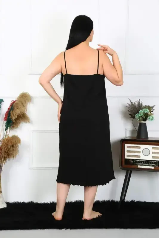 Akbeniz Women's Plus Size Spaghetti Strap Cotton Black Long Nightgown 12100 - 3