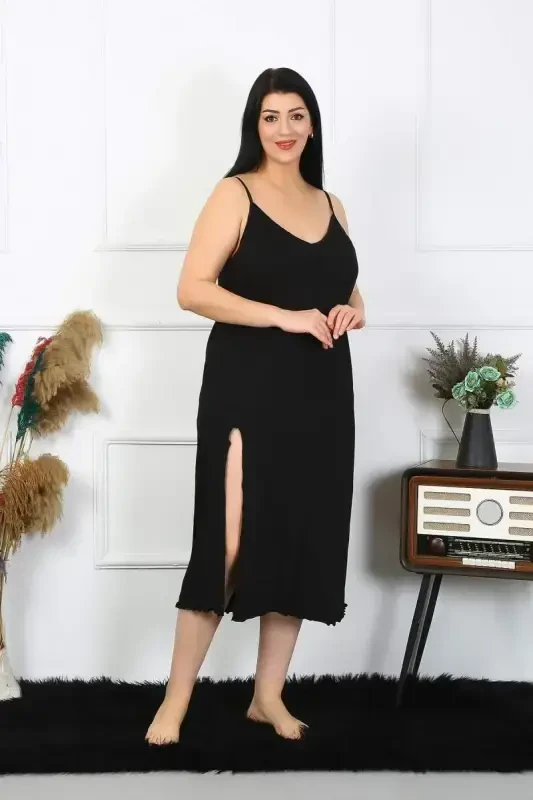 Akbeniz Women's Plus Size Spaghetti Strap Cotton Black Long Nightgown 12100 - 4